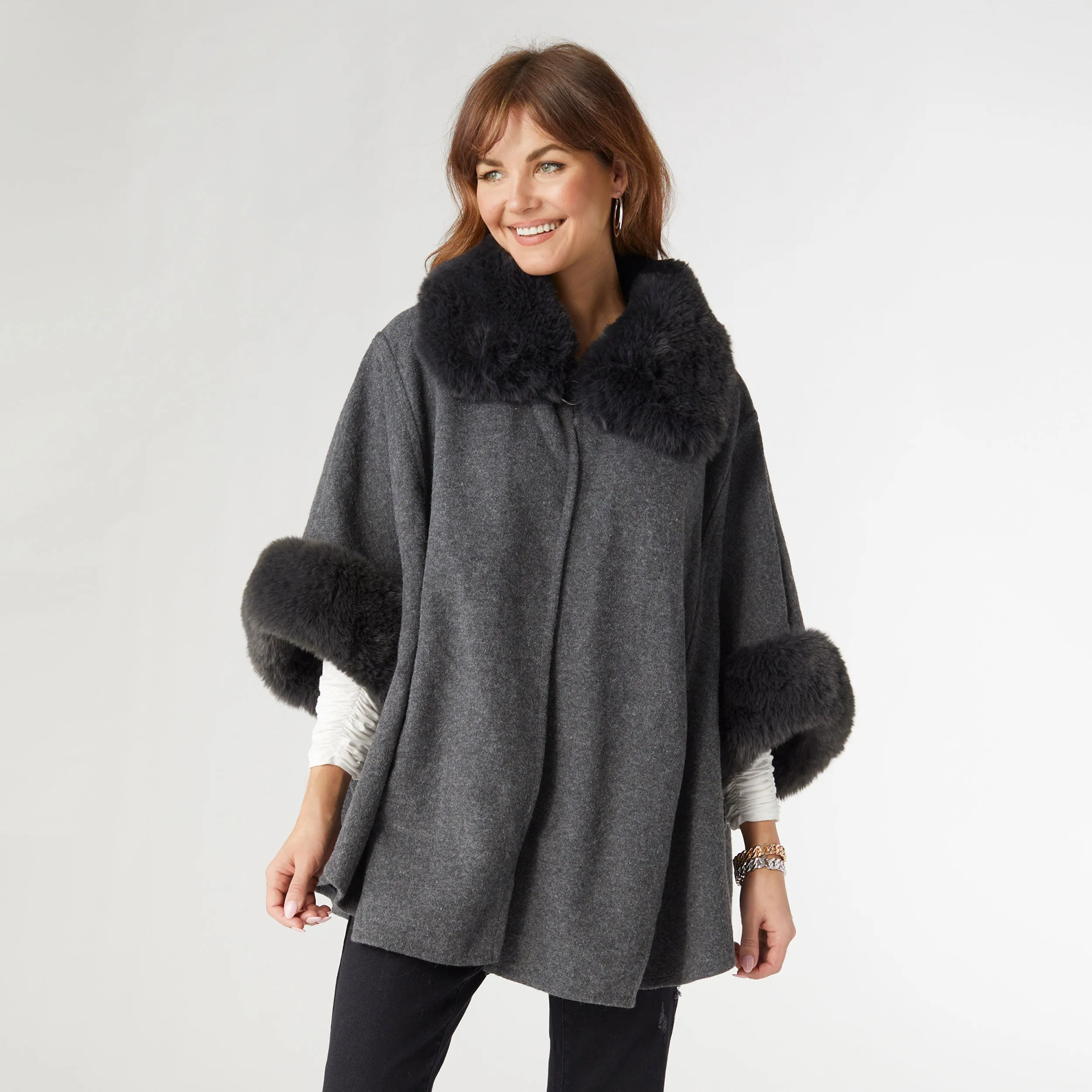 Angel Faux Fur Poncho - Grey/Dark Teal