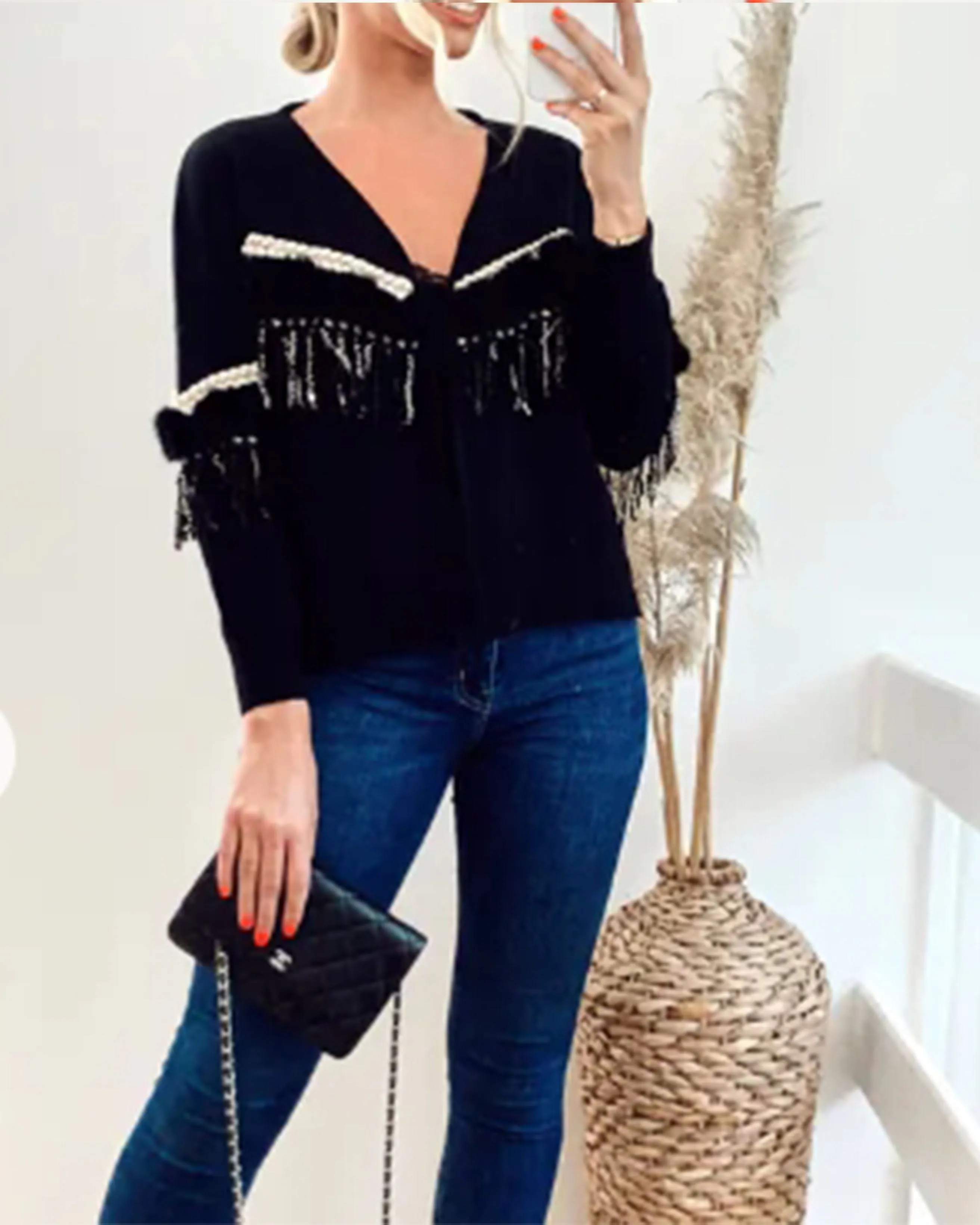 Black Cropped Cardigan with Tassel Fringe & Faux Fur