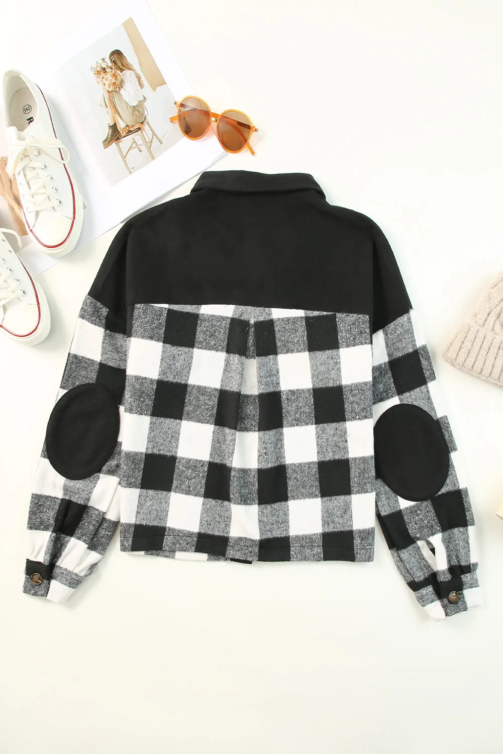 Black Plaid Patchwork Pockets Buttoned Shirt Jacket