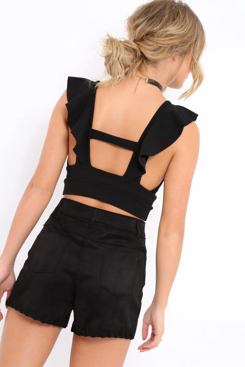 Black Plunge Ruffle Crop Top With Cut Out Back - Nia