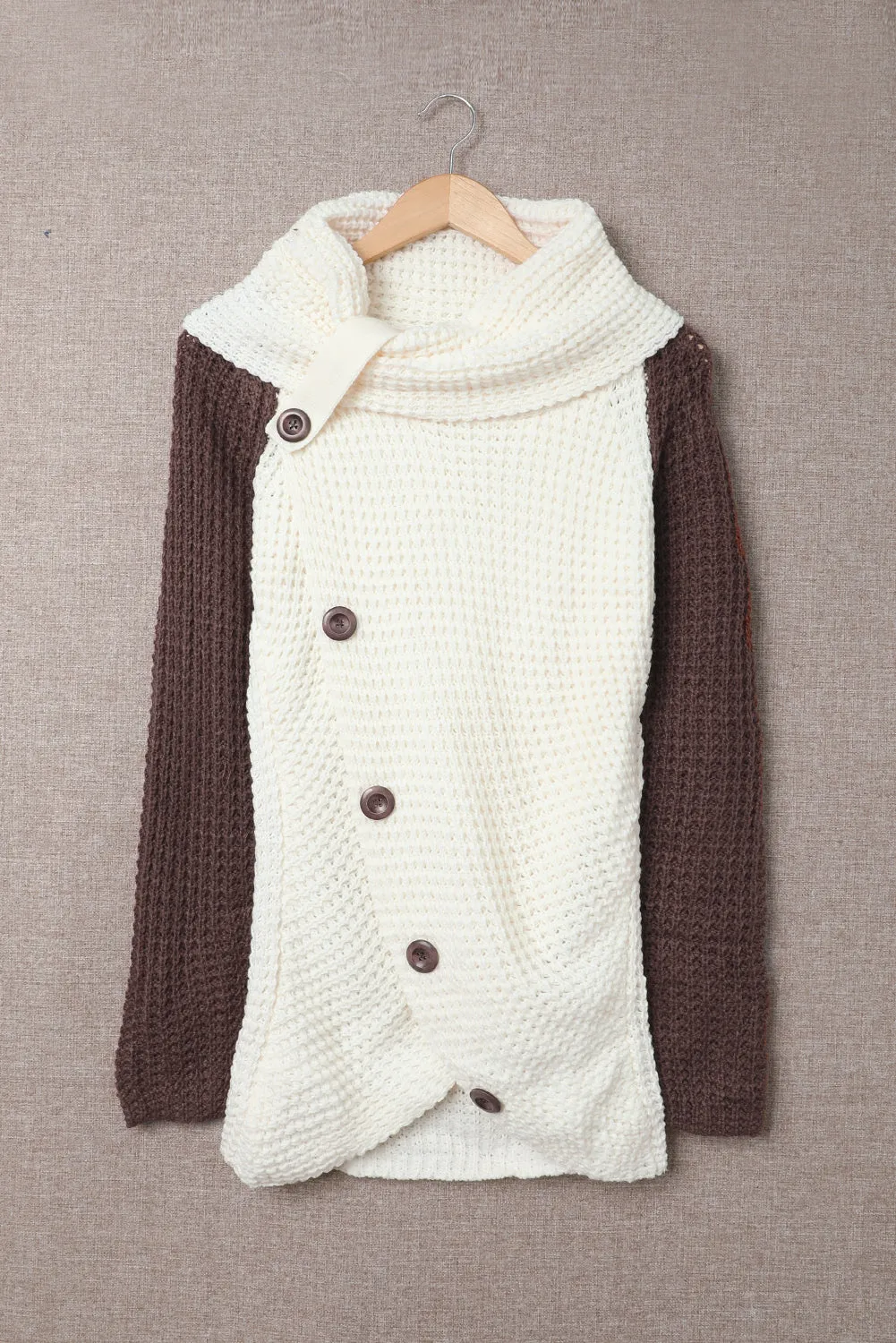 Brown Button Turtle Cowl Neck Asymmetric Hem Wrap Pullover Sweater