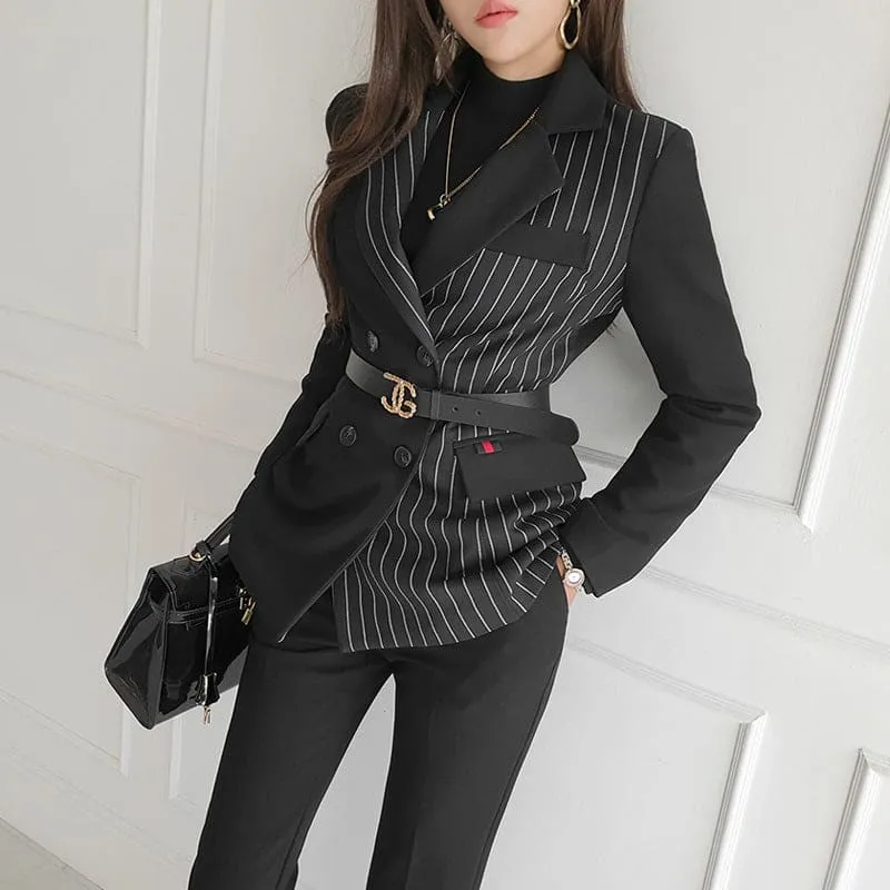 Contrast Striped Panel Lapel Collar Blazer & Tailored Pants