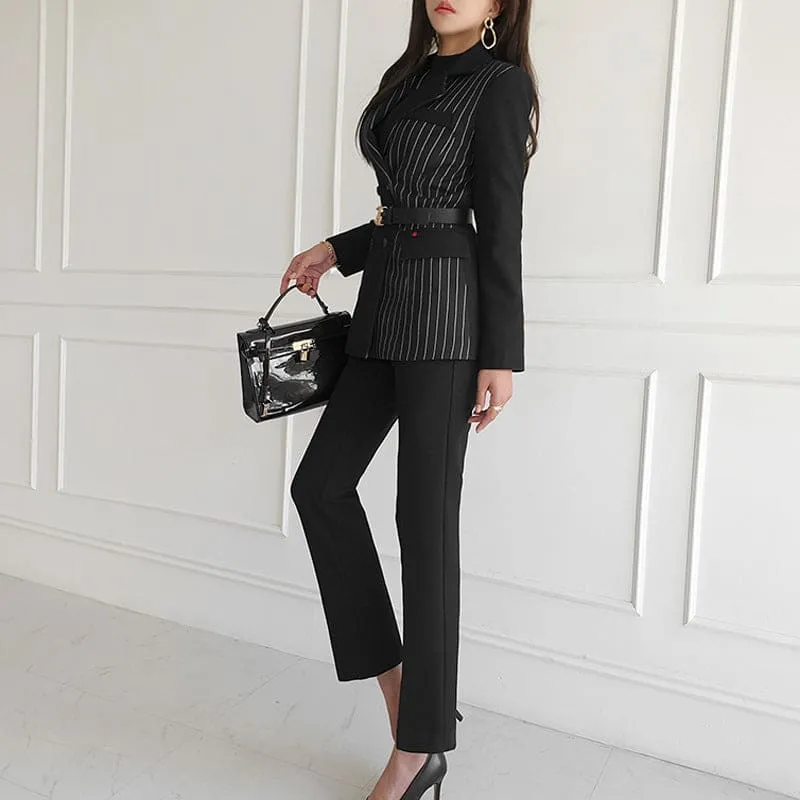 Contrast Striped Panel Lapel Collar Blazer & Tailored Pants