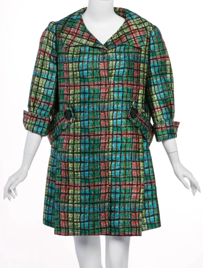 Galanos Couture Emerald Colorful Print Side Pleat Coat, 1970S | S/M