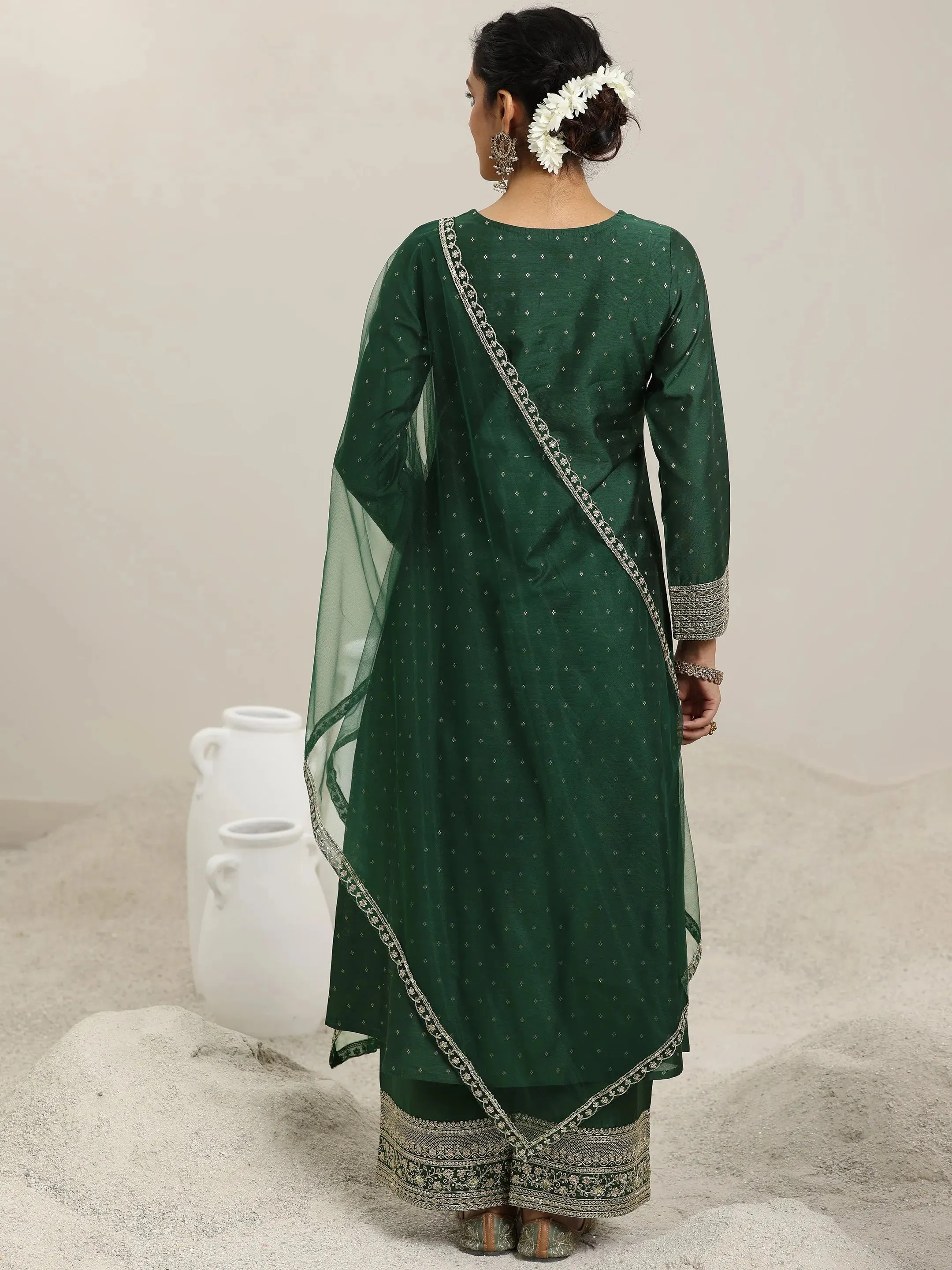 Green Woven Design Chanderi Silk A-Line Kurta With Palazzos & Dupatta