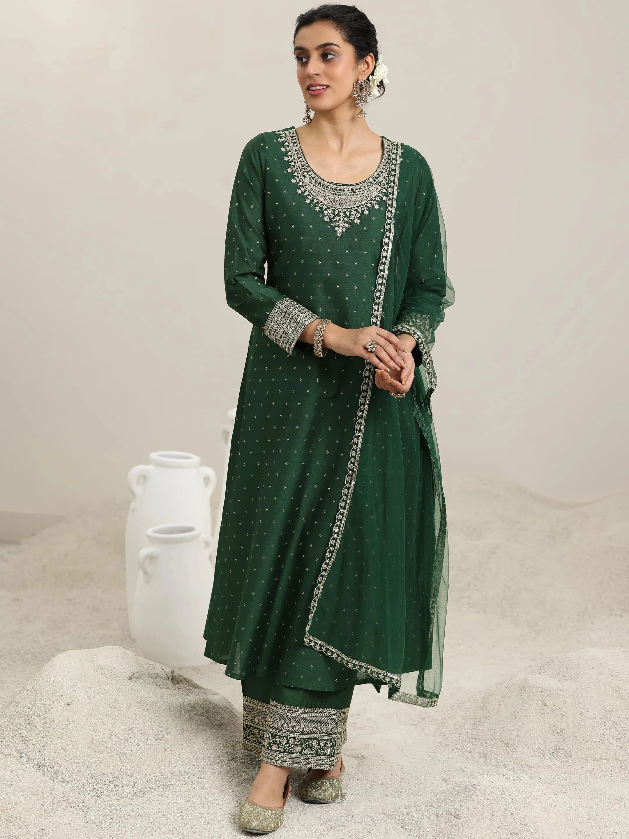 Green Woven Design Chanderi Silk A-Line Kurta With Palazzos & Dupatta