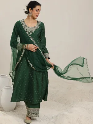 Green Woven Design Chanderi Silk A-Line Kurta With Palazzos & Dupatta