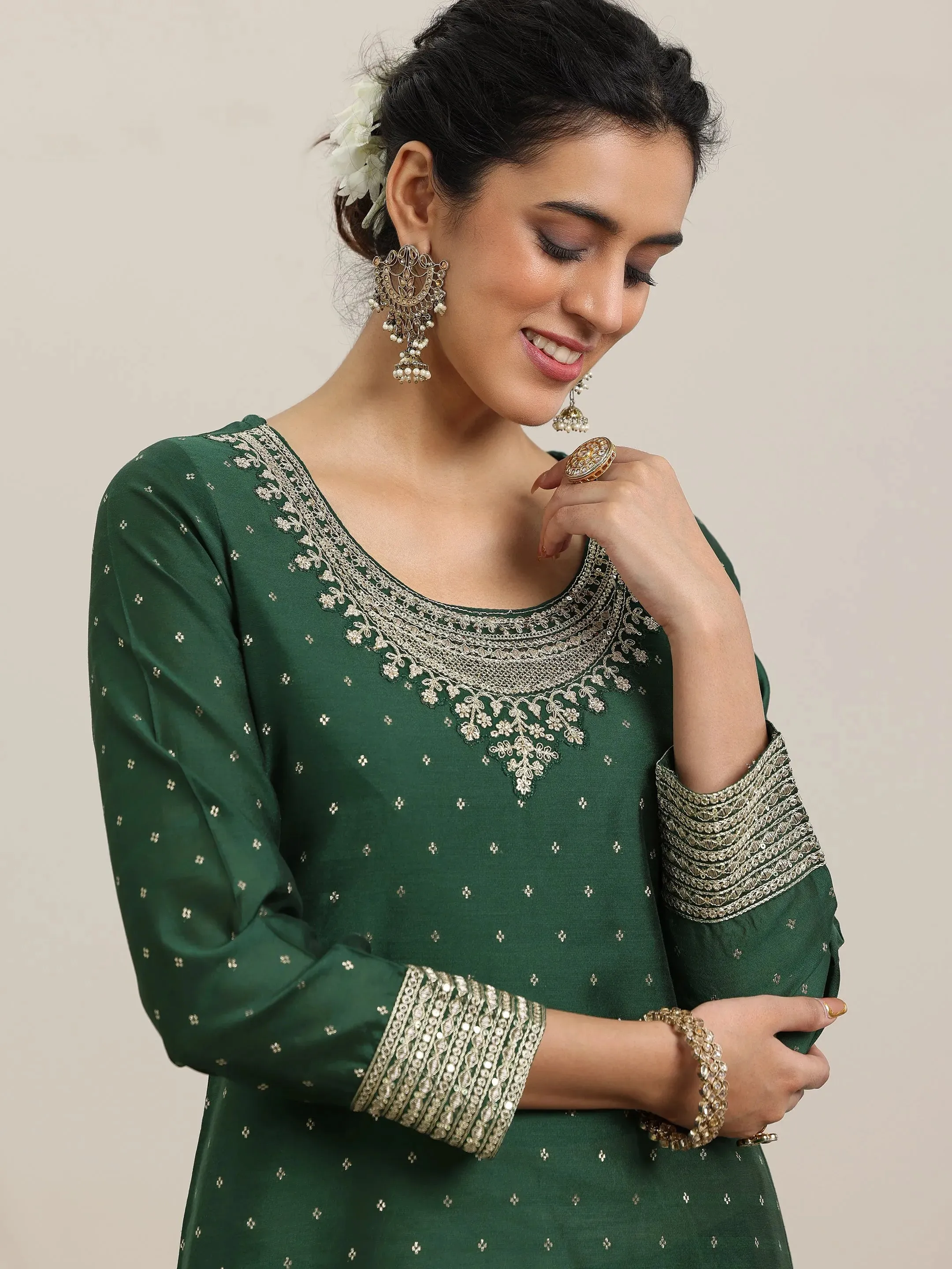 Green Woven Design Chanderi Silk A-Line Kurta With Palazzos & Dupatta