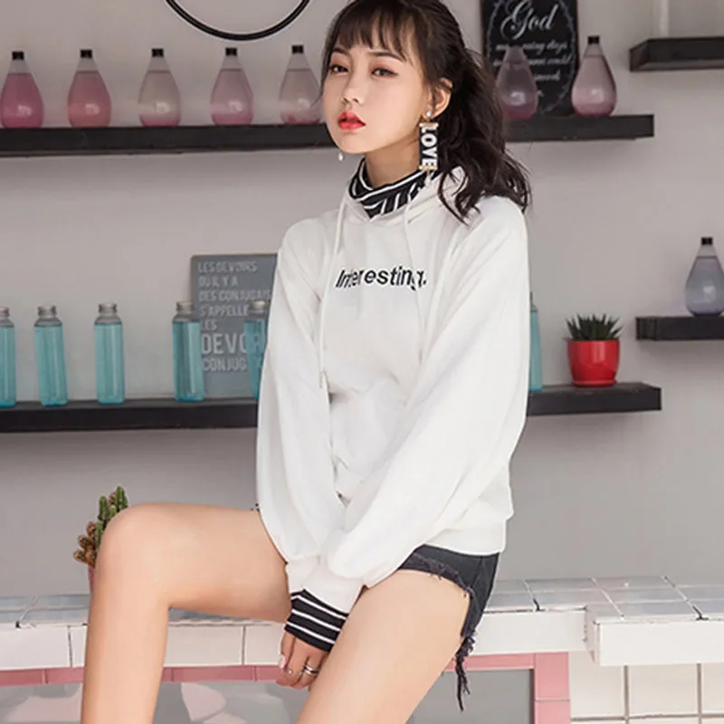 Harajuku striped turtleneck hoodies women kpop autumn long sleeve pullover female students oversize plus size tops sweatshirts