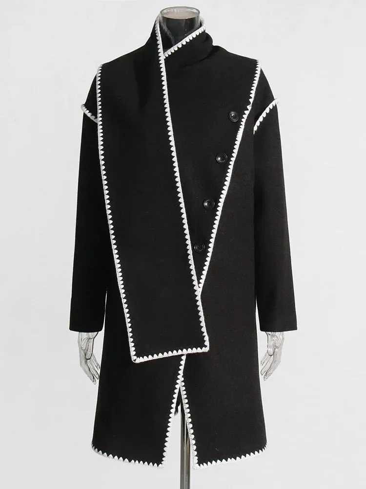 Hit Casual Irregular Black Stand Long Spliced Single Trench Coat