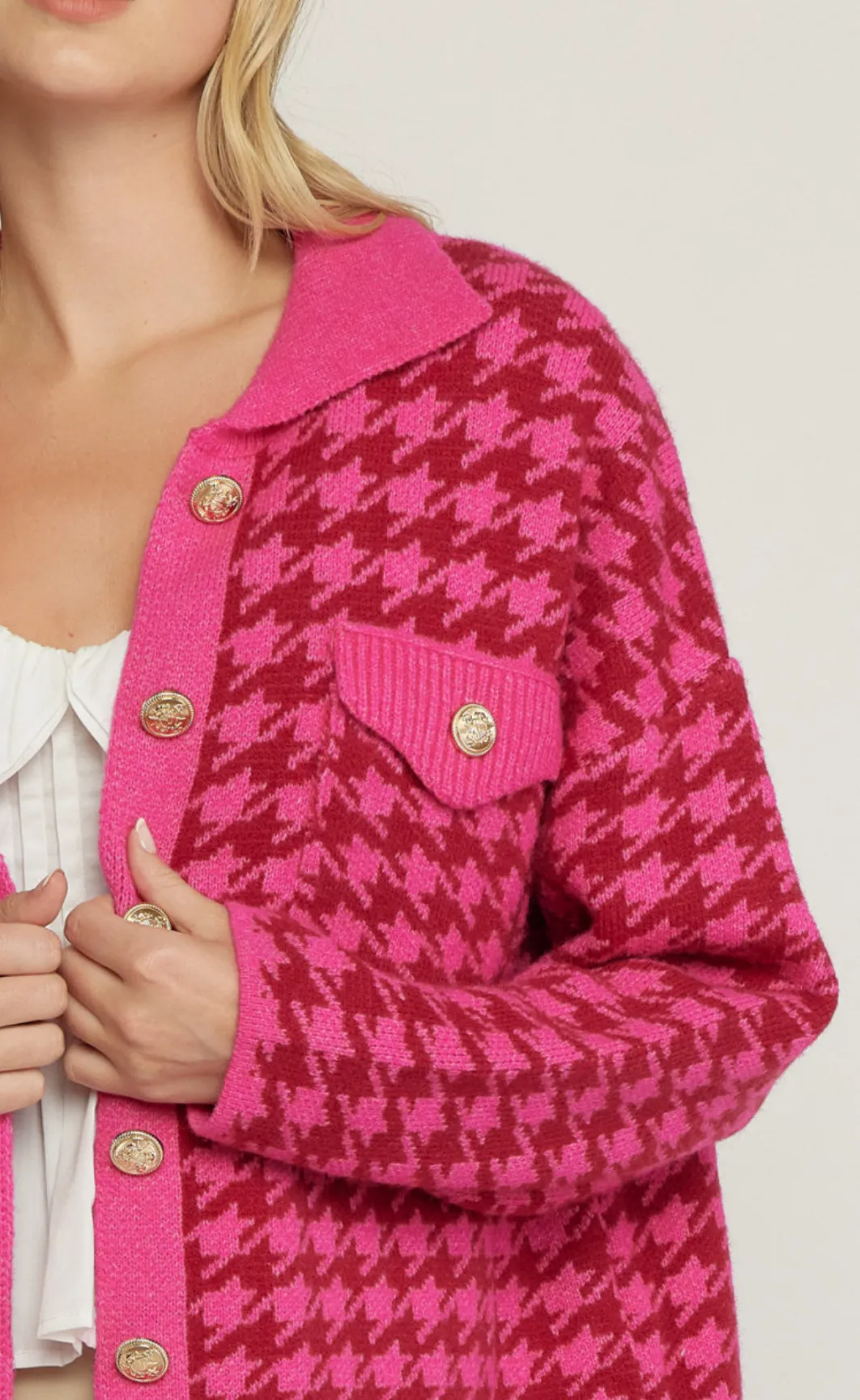 houndstooth collared button up sweater jacket - fuchsia