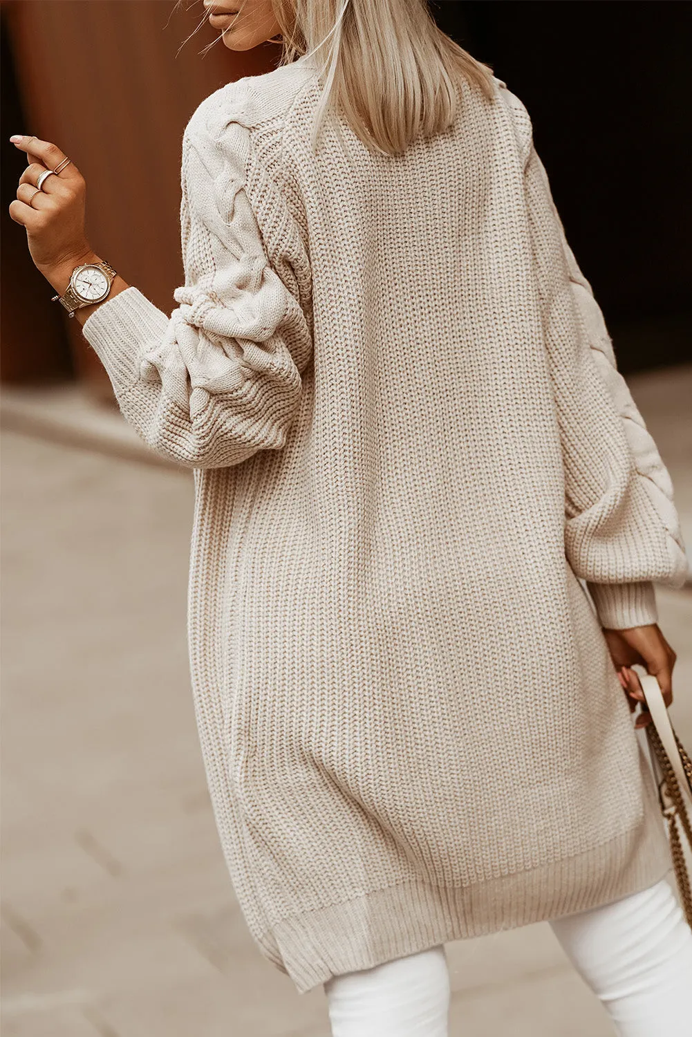 Khaki Cable Sleeve Long Cardigan