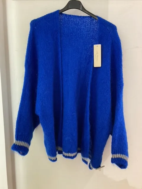 Kid Mohair mix knitted Cardigan Lurex trim - Cobalt Blue