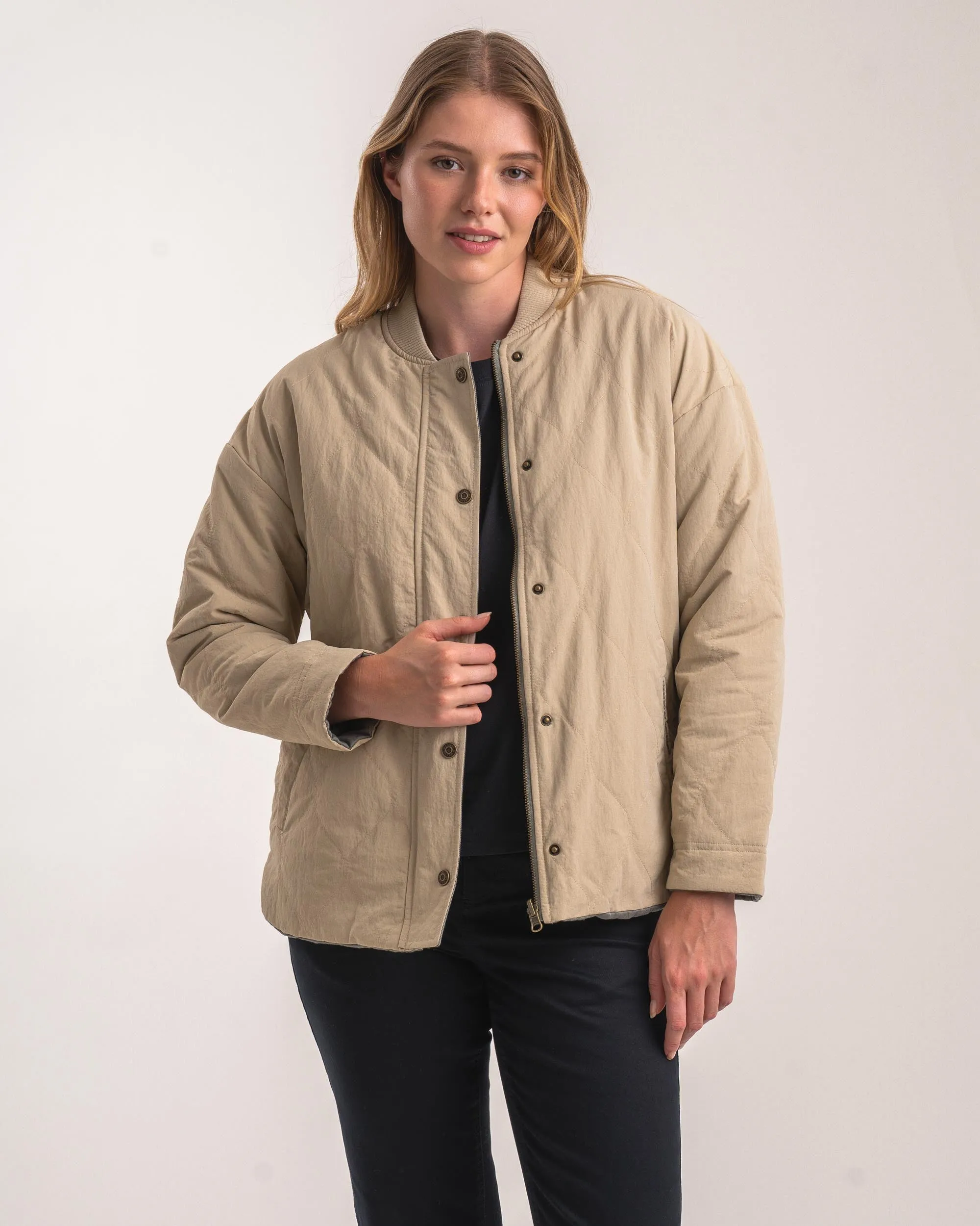 Ladies Quilted Bomber Jacket - Stone / Sage