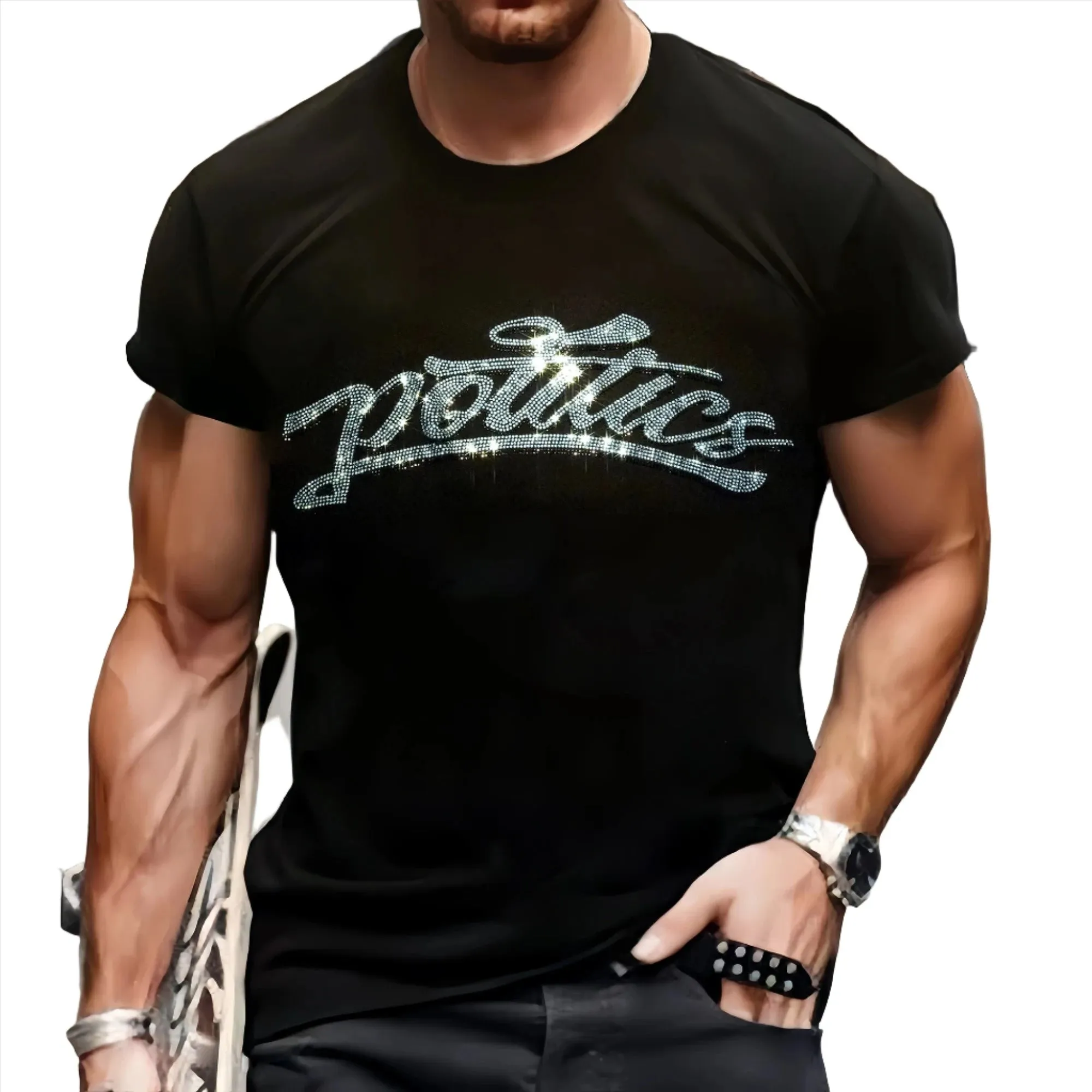 Luxury Men's Quality T-Shirts Casual Short Sleeve Star Rhinestone Designer