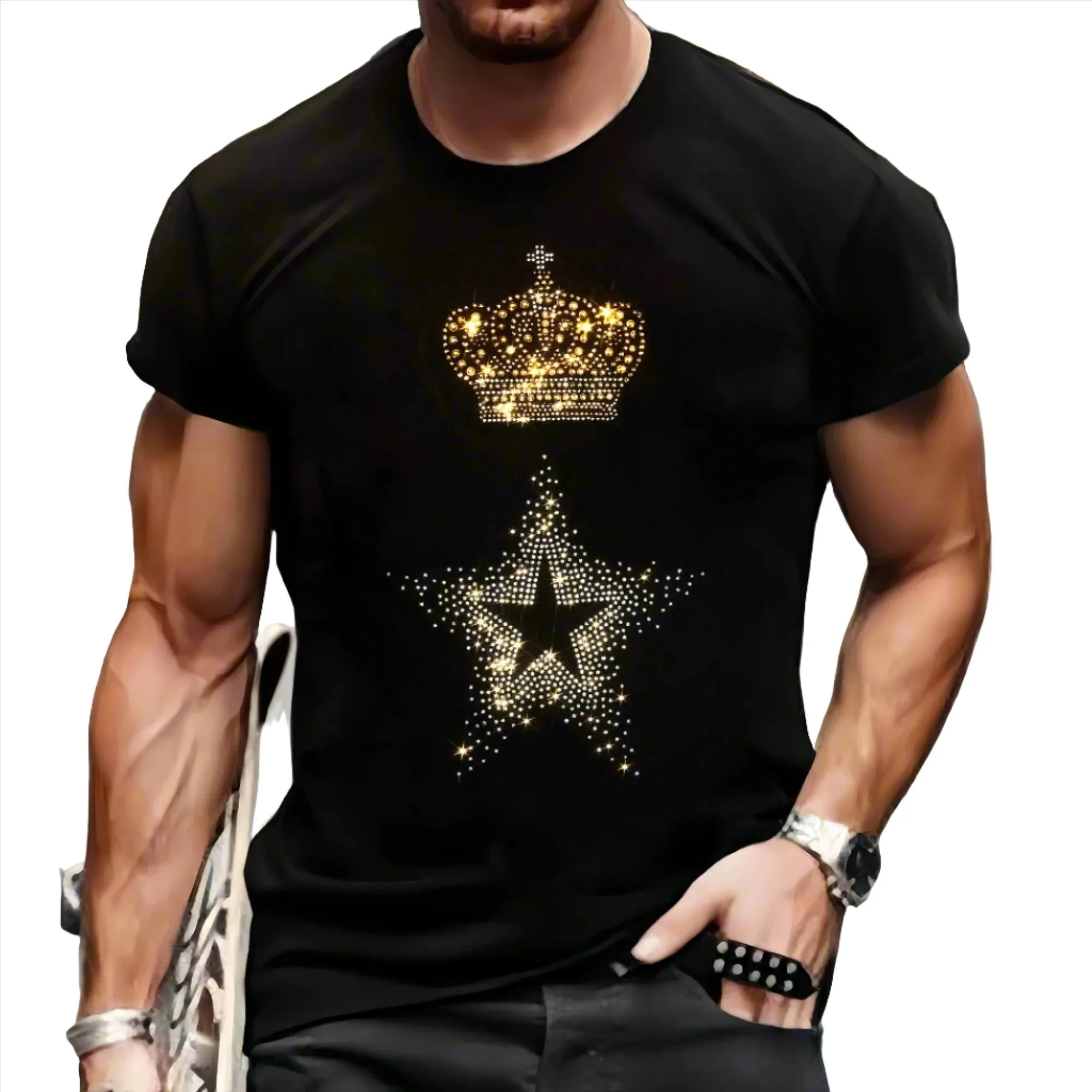 Luxury Men's Quality T-Shirts Casual Short Sleeve Star Rhinestone Designer