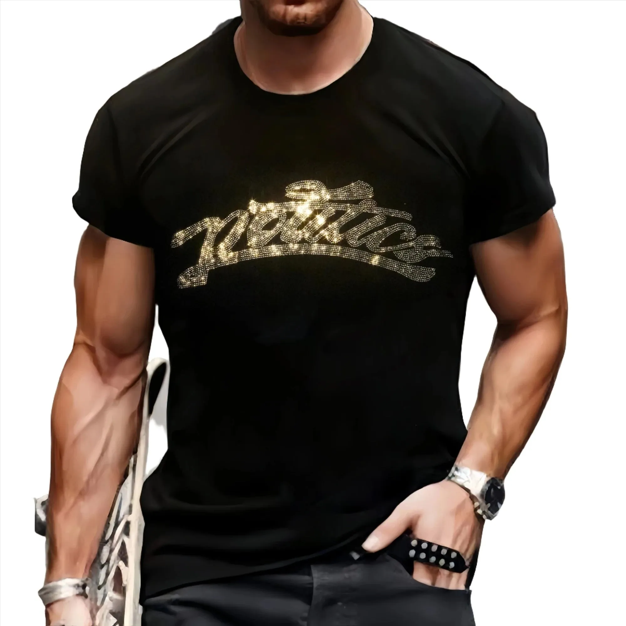 Luxury Men's Quality T-Shirts Casual Short Sleeve Star Rhinestone Designer