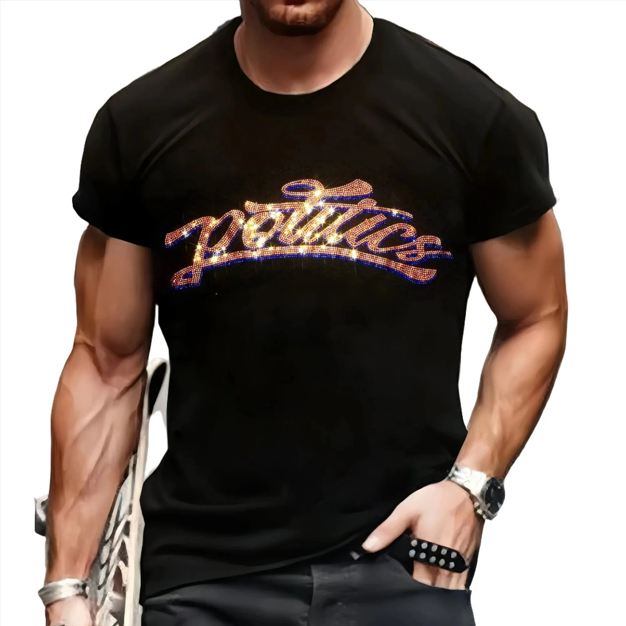 Luxury Men's Quality T-Shirts Casual Short Sleeve Star Rhinestone Designer