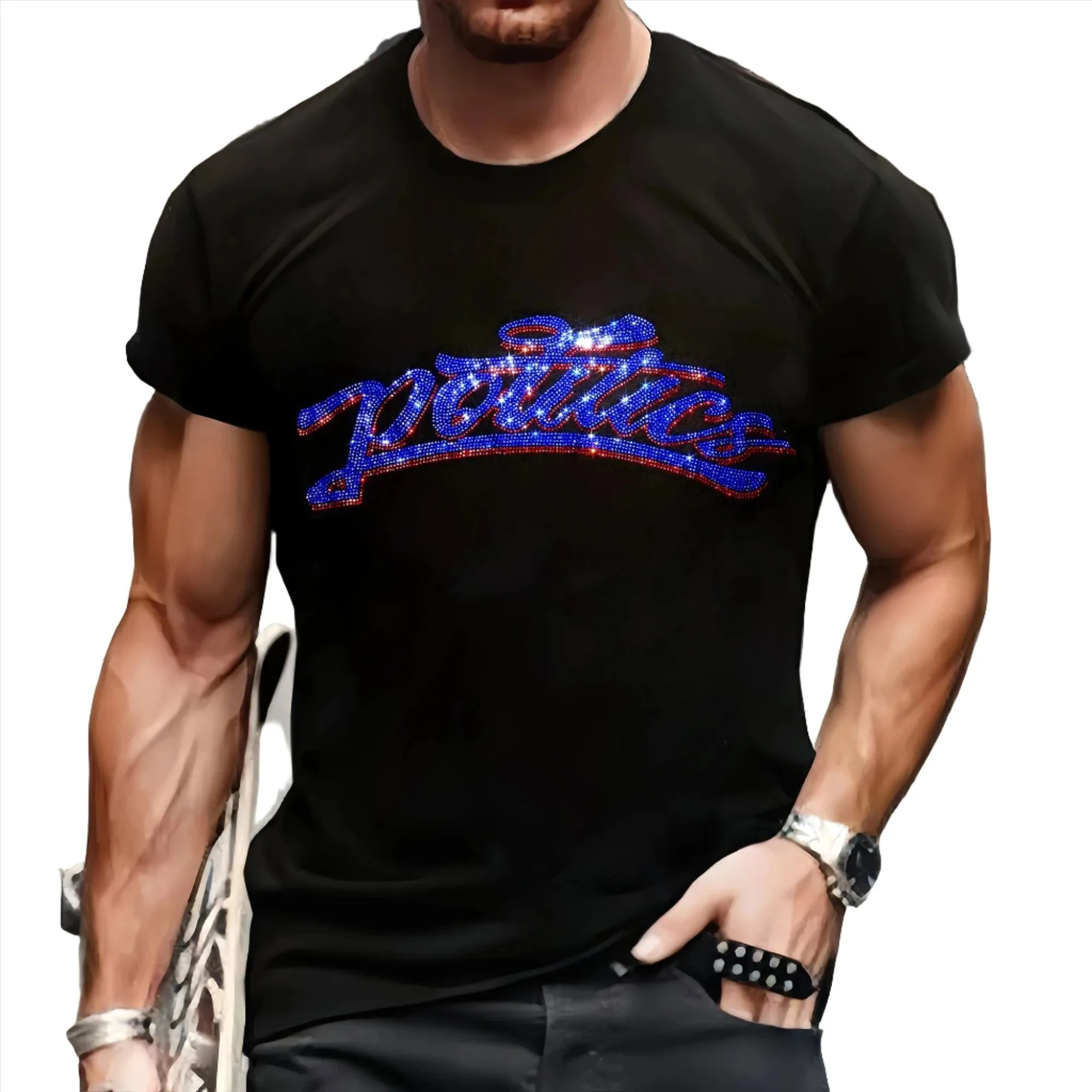 Luxury Men's Quality T-Shirts Casual Short Sleeve Star Rhinestone Designer