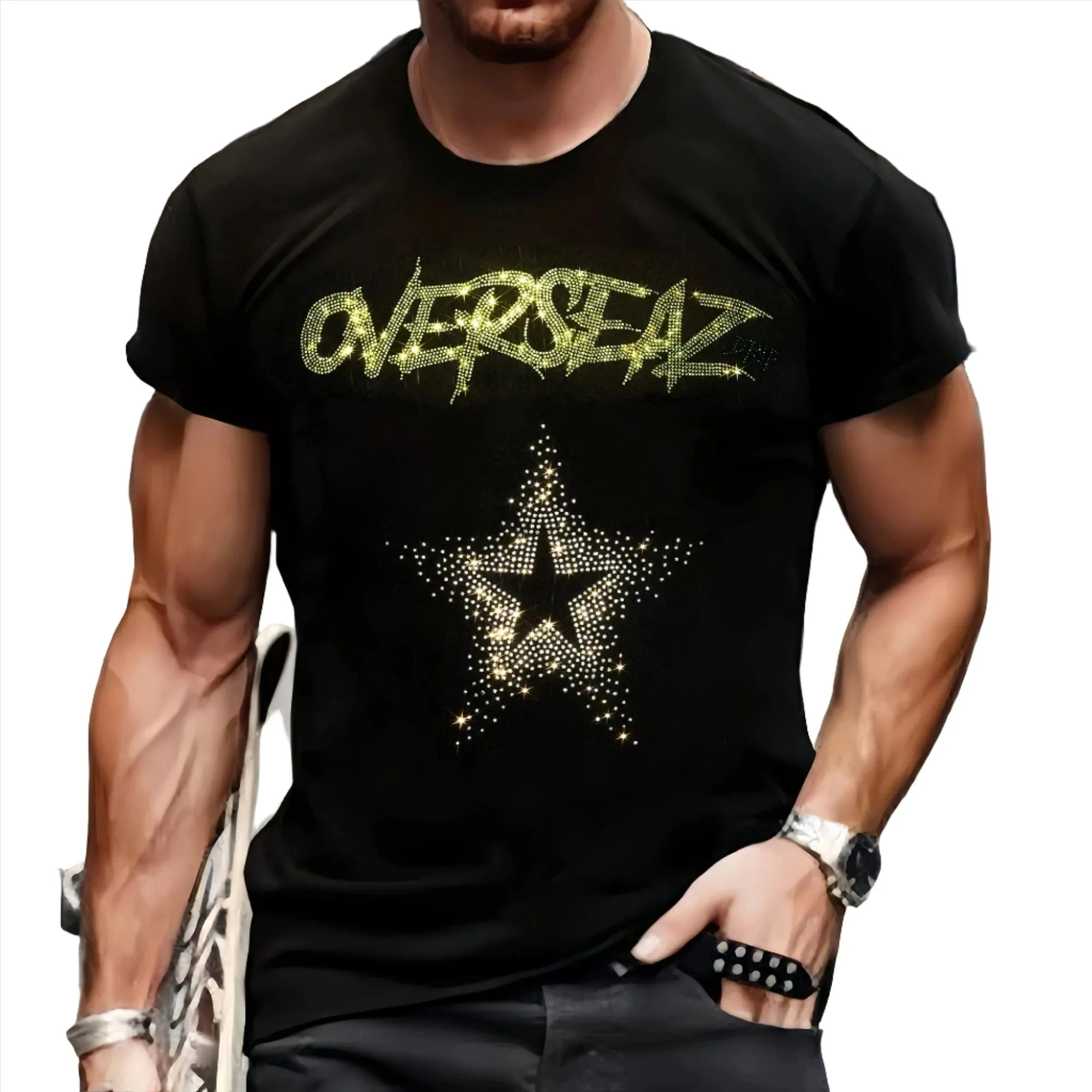 Luxury Men's Quality T-Shirts Casual Short Sleeve Star Rhinestone Designer