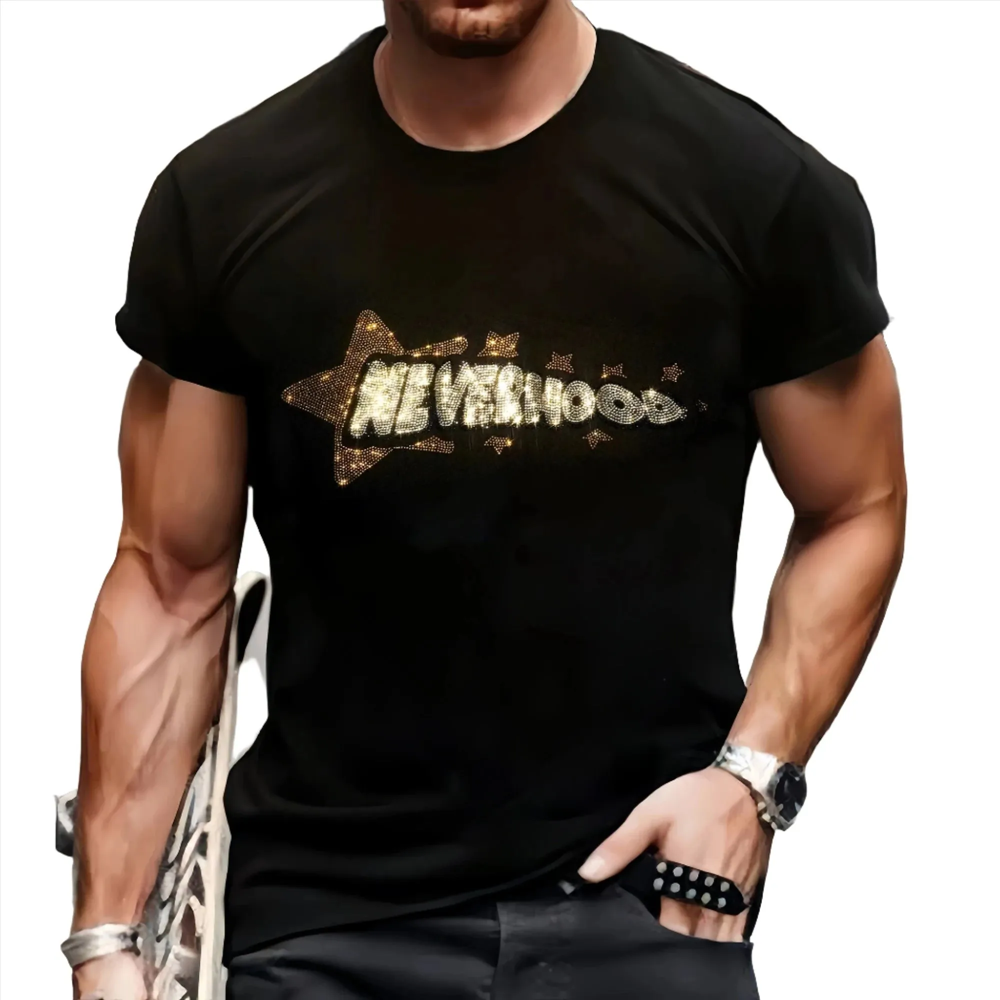 Luxury Men's Quality T-Shirts Casual Short Sleeve Star Rhinestone Designer