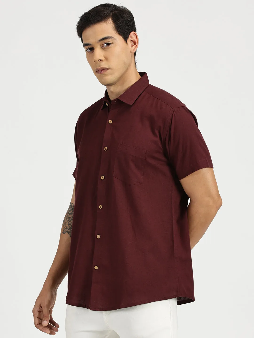 Maroon Slub Soft Cotton Halfsleeves Shirt