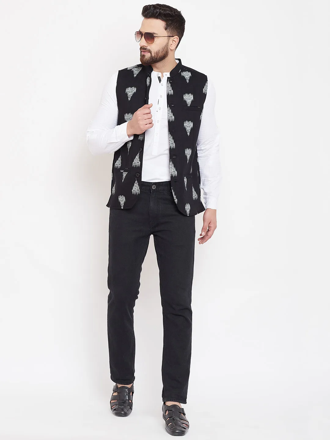 Men's Black Geometric Print Nehru Jacket  - Even Apparels