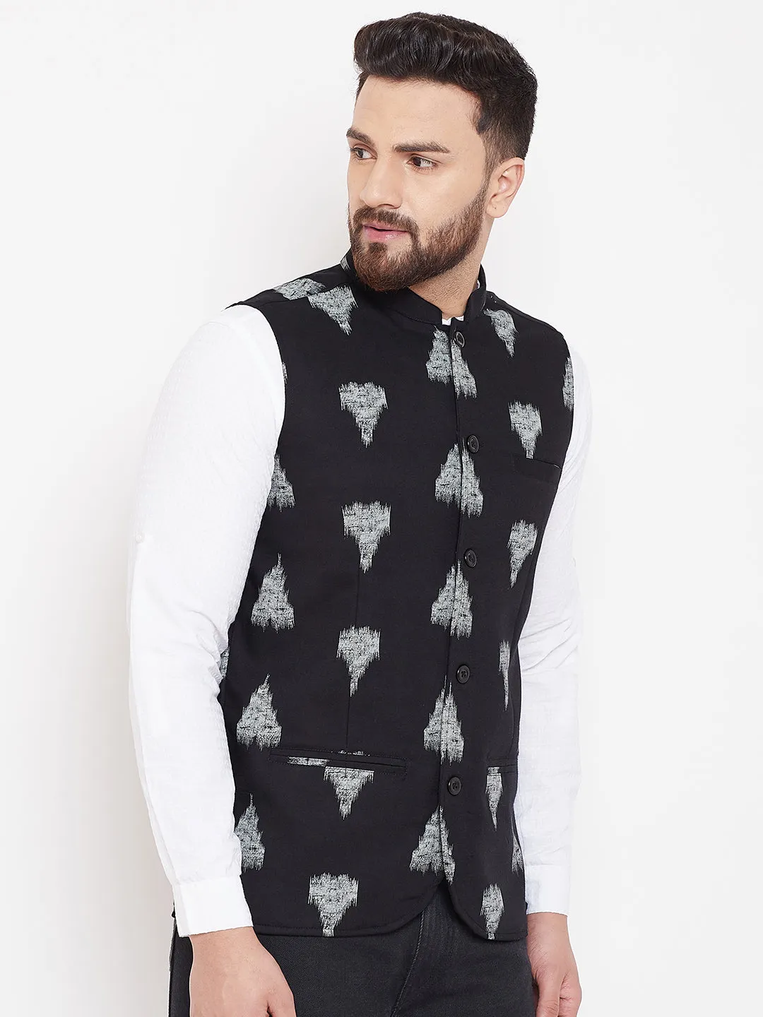 Men's Black Geometric Print Nehru Jacket  - Even Apparels