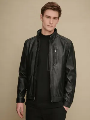 Men's Stand Collar Black Glossy Leather Jacket