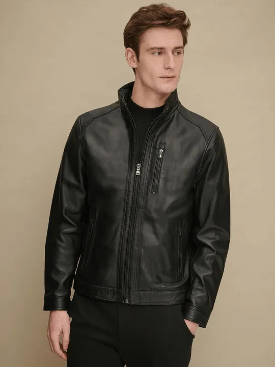 Men's Stand Collar Black Glossy Leather Jacket