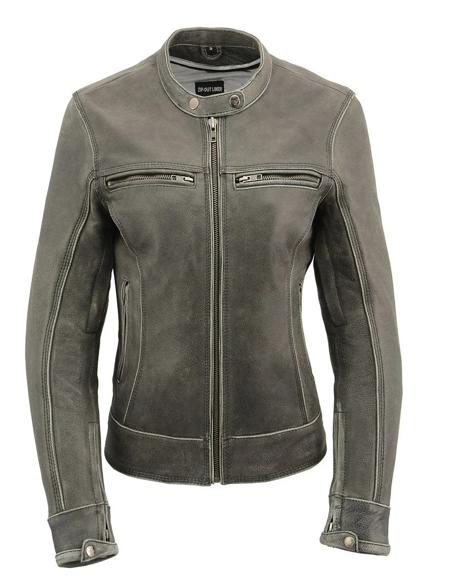 Milwaukee Leather MLL2550 Women's Scooter Distressed Grey Leather Motorcycle Riding Vented Jacket