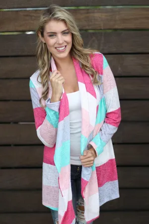 Mint And Coral Color Block Cardigan