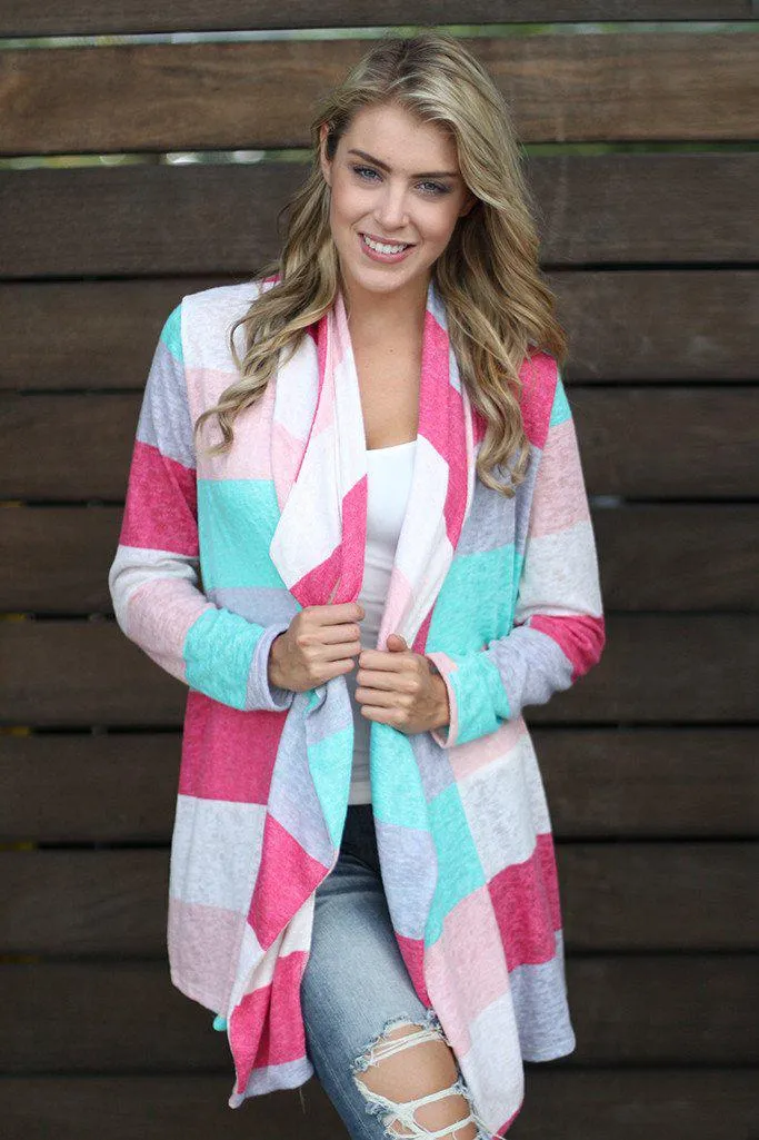 Mint And Coral Color Block Cardigan