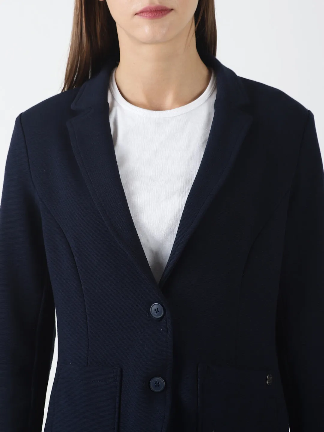 Navy Blue Full Sleeve Solid Women Jacket