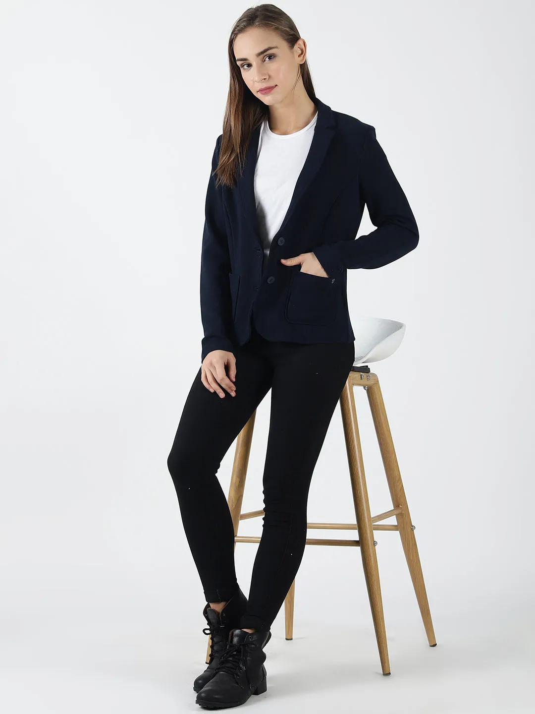 Navy Blue Full Sleeve Solid Women Jacket