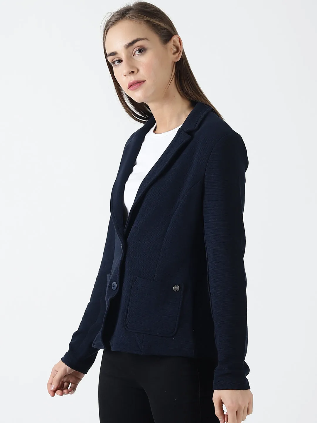 Navy Blue Full Sleeve Solid Women Jacket