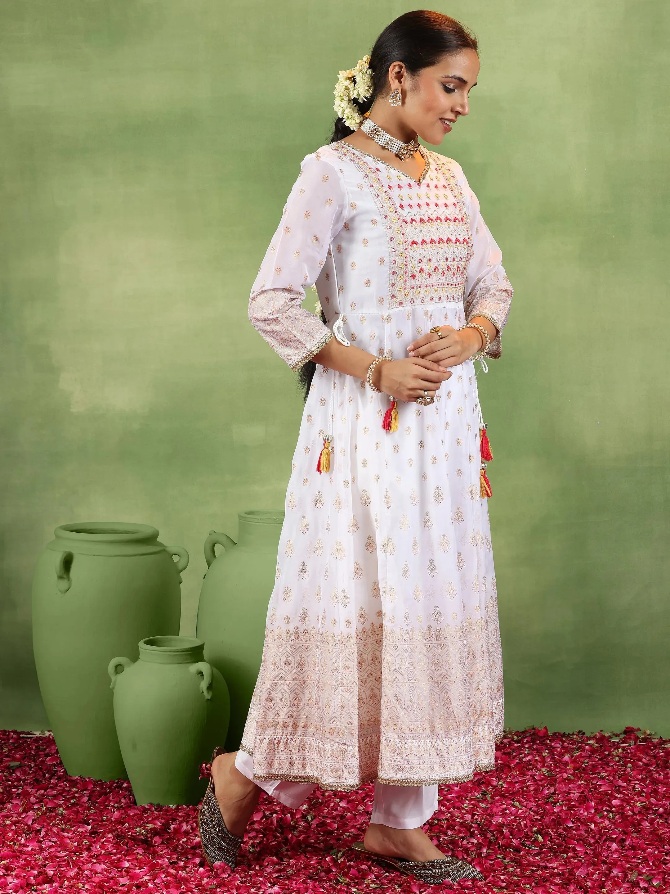 Off White Printed Organza Anarkali Suit With Dupatta