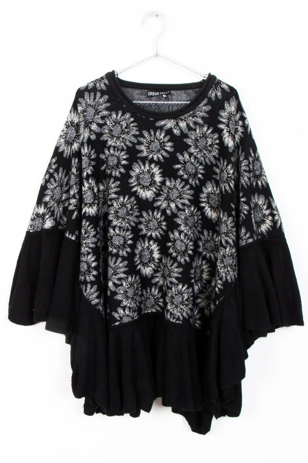 Oversized Daisy Print Poncho with Ruffle Bell Sleeves