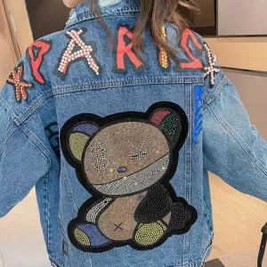 PARIS Print Beaded Embroidery Bear Denim Jackets