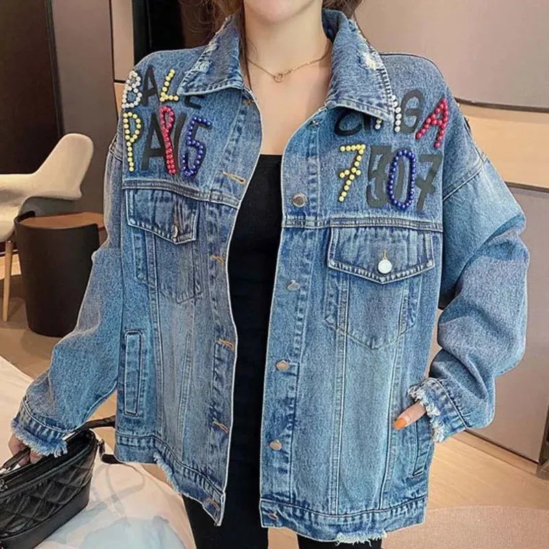 PARIS Print Beaded Embroidery Bear Denim Jackets