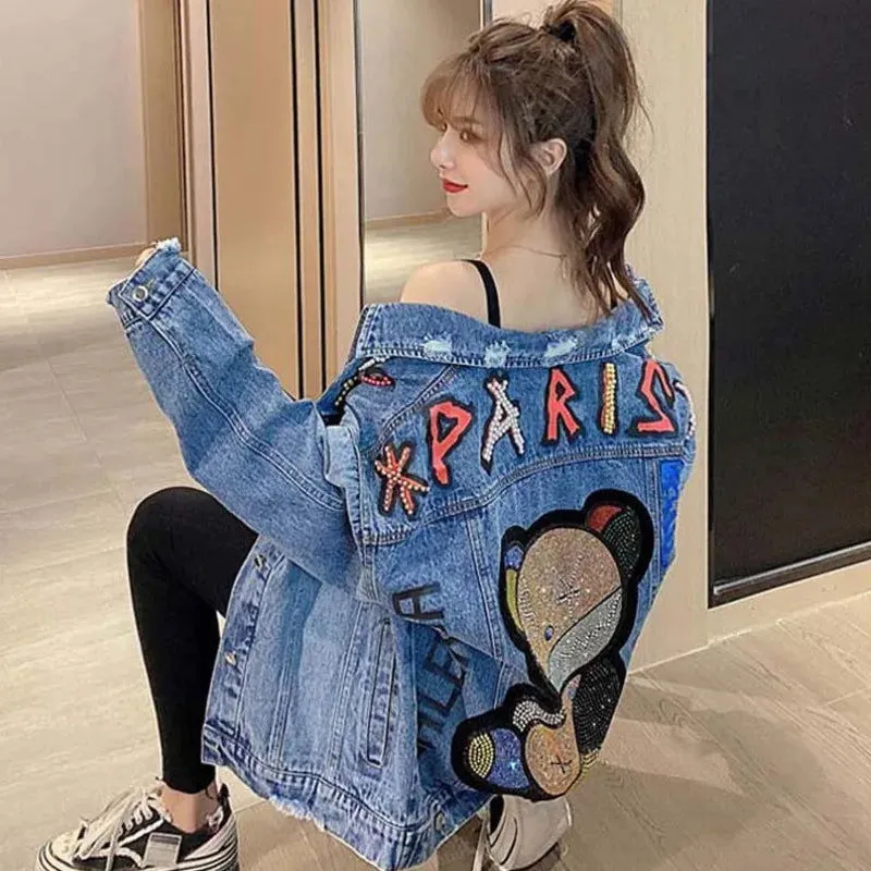 PARIS Print Beaded Embroidery Bear Denim Jackets