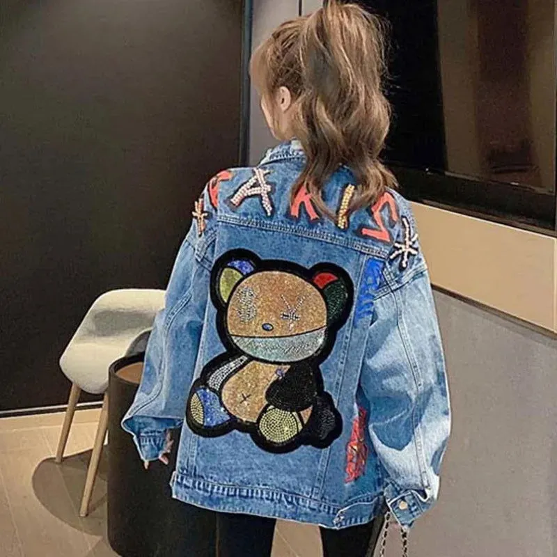 PARIS Print Beaded Embroidery Bear Denim Jackets