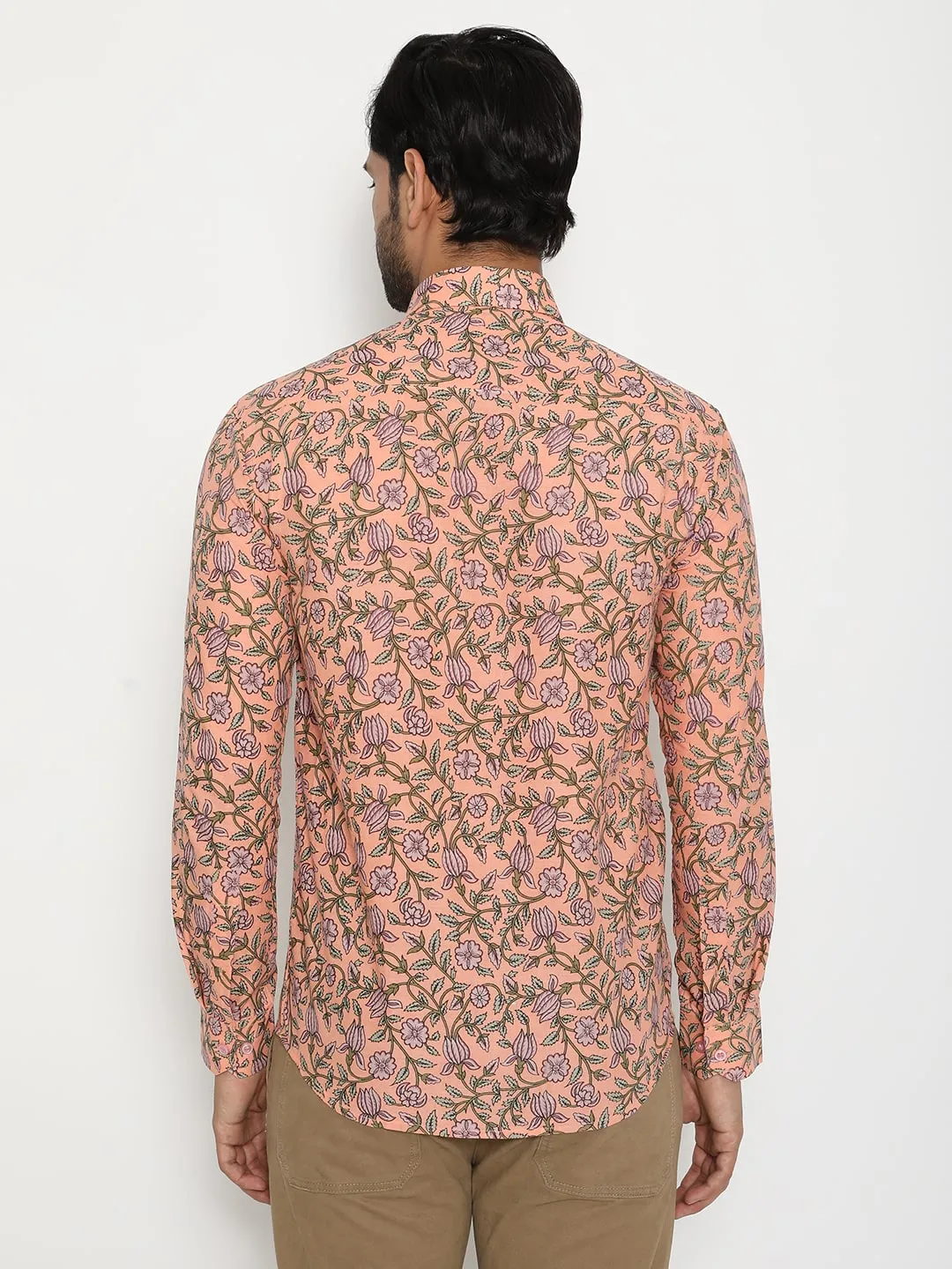 Peach Full Sleeve Cotton Hand Block Printed Men’s Shirt