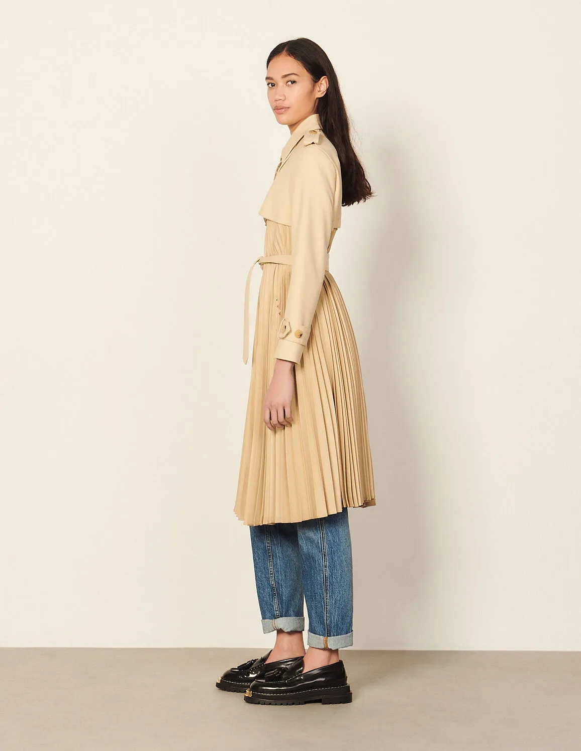 Pleated Trench Coat With Belt