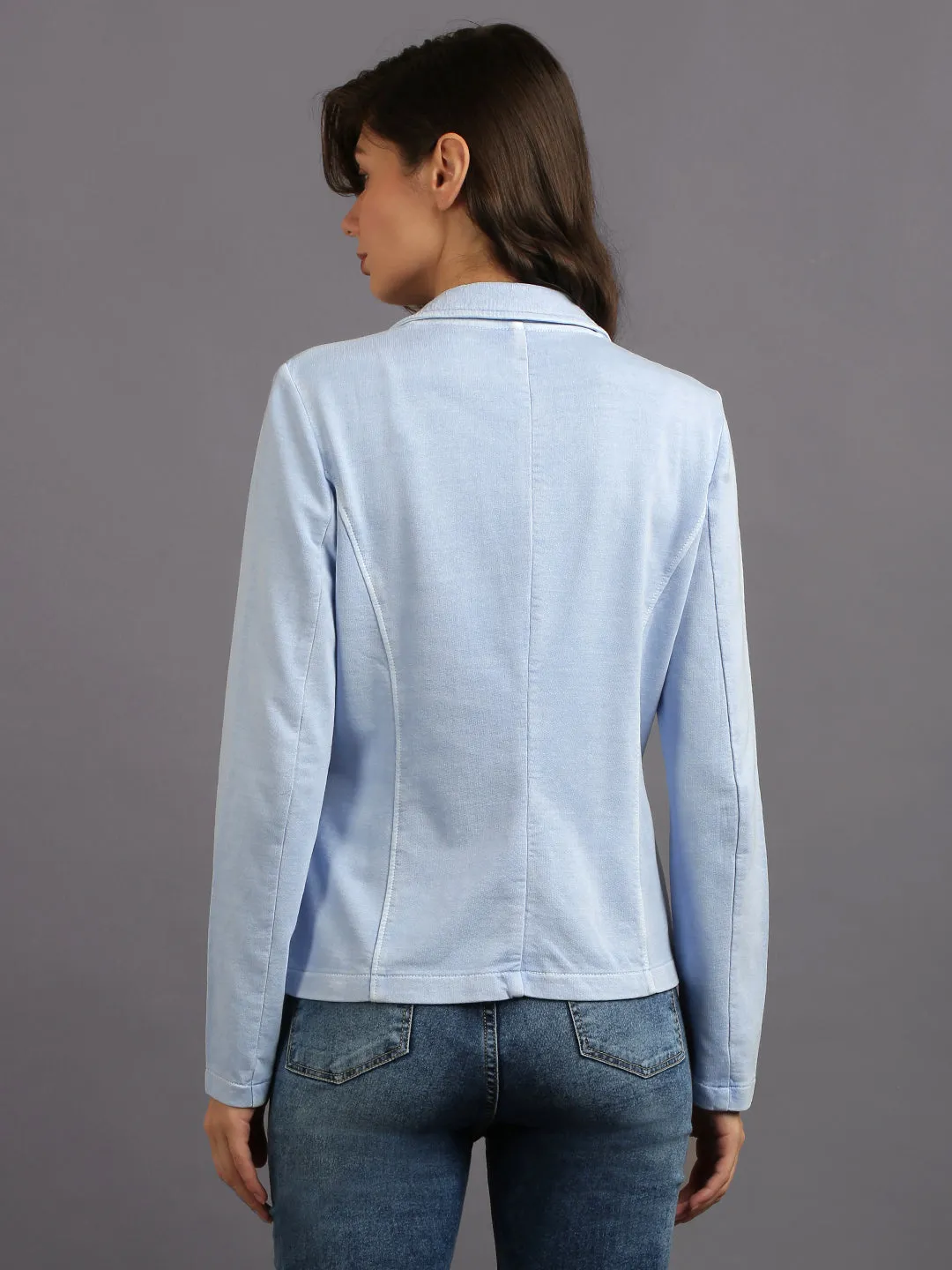 Sky Blue Full Sleeve Solid Women Jacket