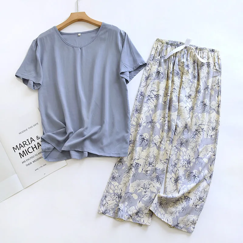 Solid Blue 100% Soft Cotton Wide Leg Pajama Set