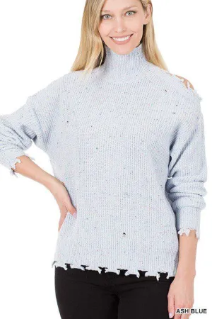 Speckled Cutout Distressed Sweater