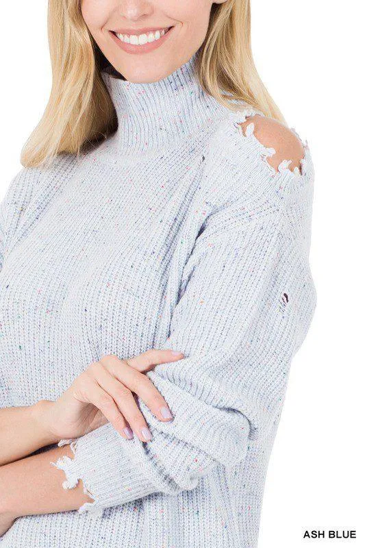 Speckled Cutout Distressed Sweater