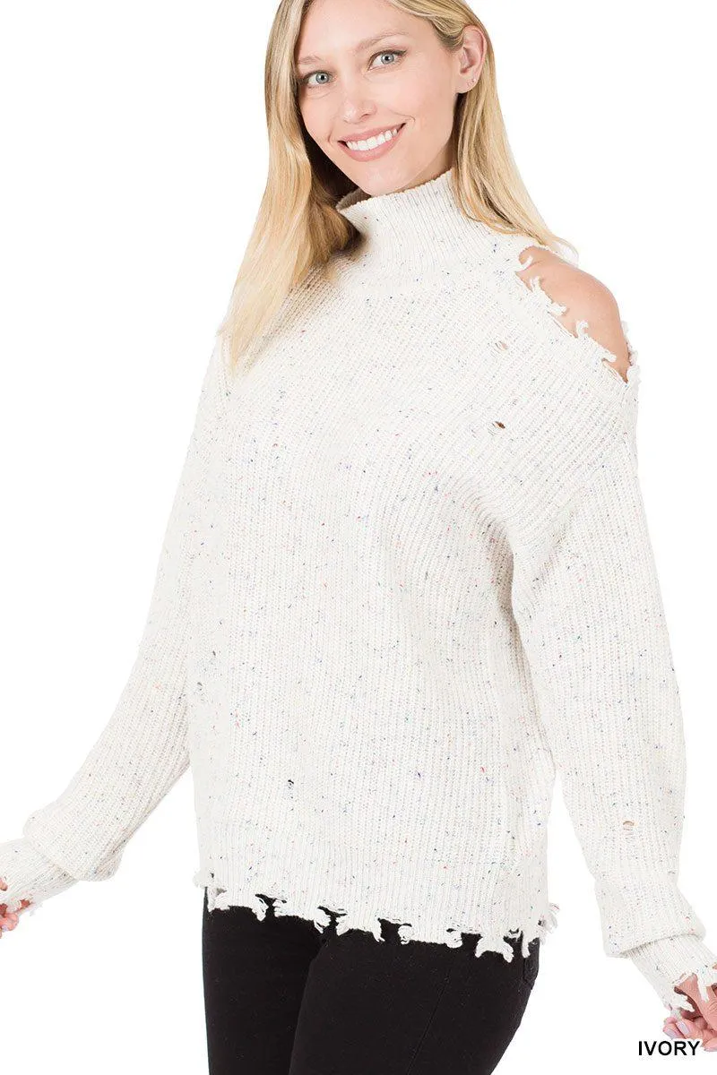 Speckled Cutout Distressed Sweater