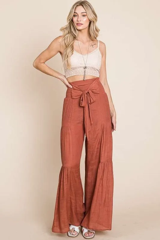 TEEK - Plus Size Tied Front Ruched Waist Pants